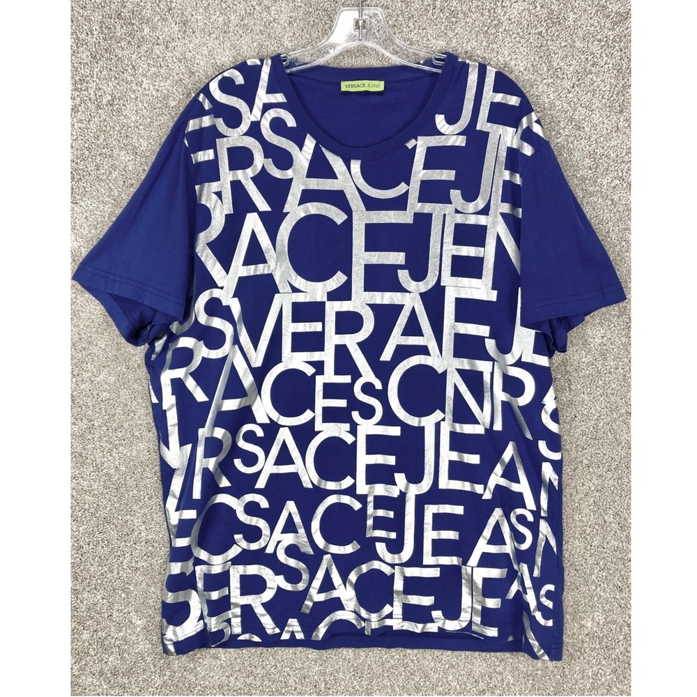 Versace Jeans Metallic Silver Logo Print T-Shirt Mens XXL Blue Short Sleeve Tee